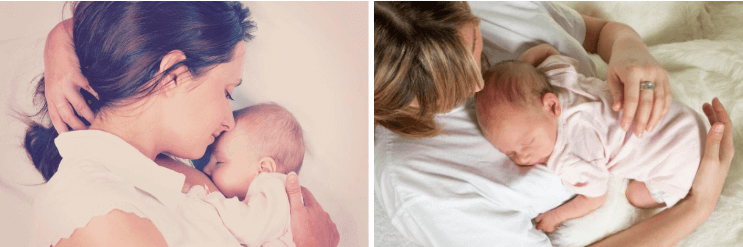 Mães abraçando bebês dormindo